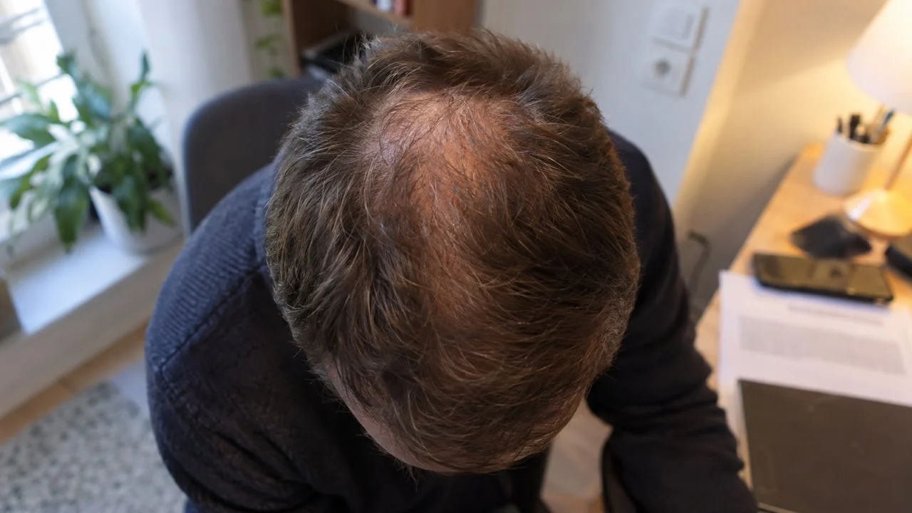 Vue rapprochée par-dessus du haut du crâne d’un homme, cuir chevelu visible entre des cheveux courts