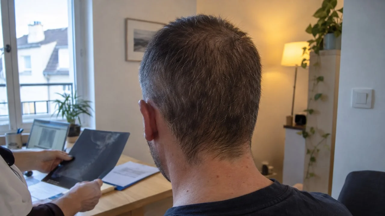 Nuque d’un homme vue de dos en lumière rasante, cuir chevelu visible par transparence entre des cheveux très courts