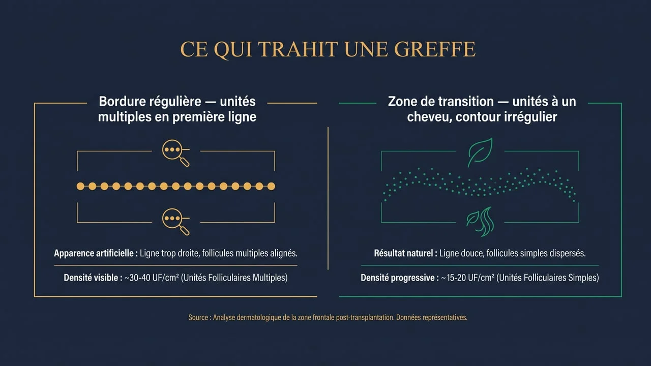 Infographie opposant une bordure frontale régulière avec unités à plusieurs cheveux, qui trahit une greffe, à une zone de transition faite d'unités à un seul cheveu au contour irrégulier, qui paraît naturelle