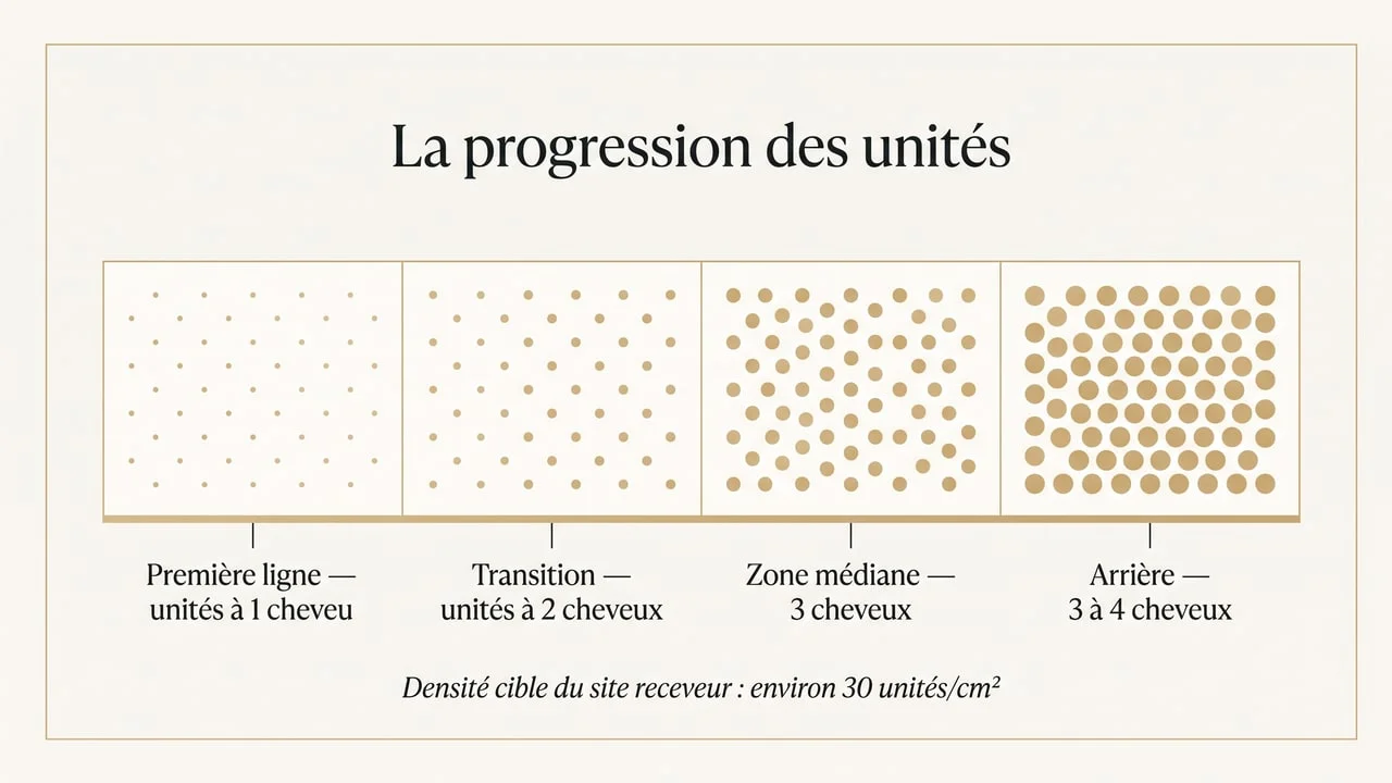 Schéma de la progression des unités folliculaires depuis la première ligne composée d'unités à un seul cheveu jusqu'aux zones arrière à trois ou quatre cheveux, avec une densité cible du site receveur d'environ 30 unités par cm²