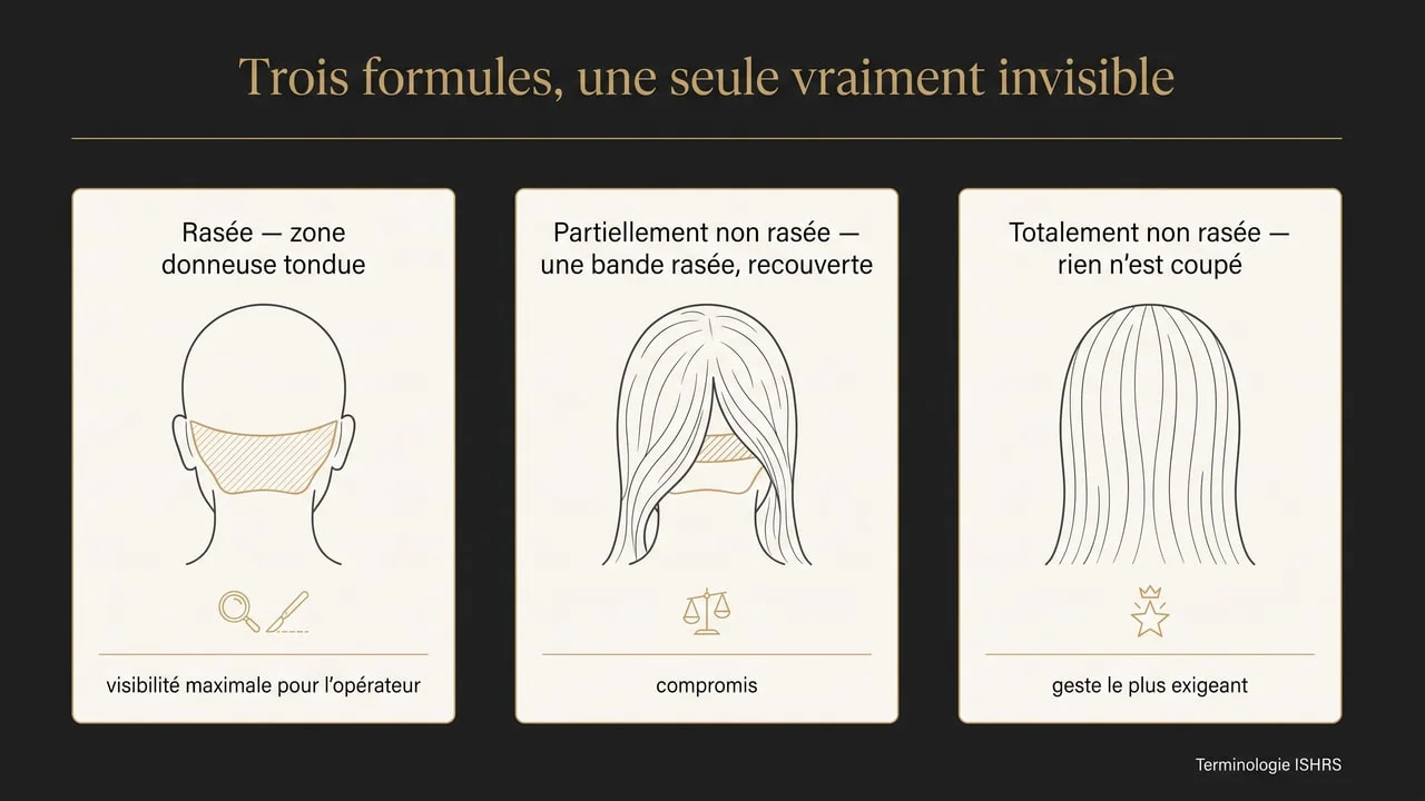 Infographie comparant les trois formules de greffe — rasée, partiellement non rasée et totalement non rasée — selon la terminologie de la société internationale de restauration capillaire