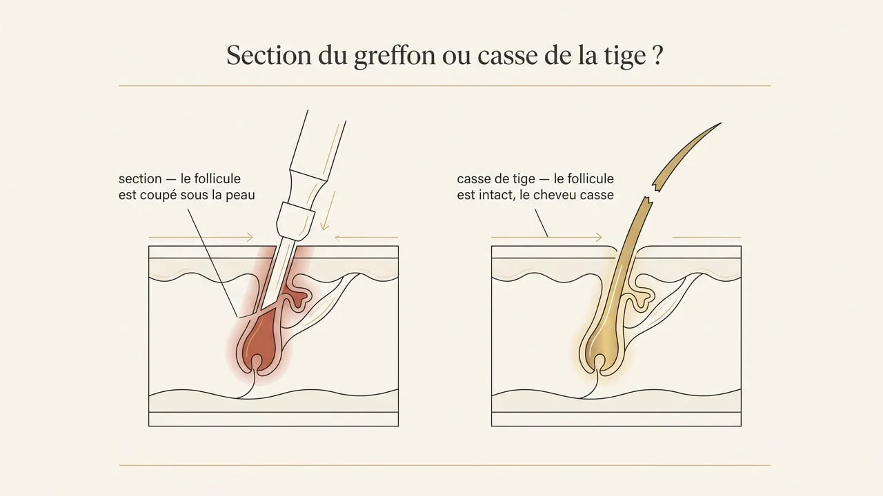 Schéma distinguant la section du greffon, où le follicule est coupé sous la peau, de la casse de tige, où le follicule reste intact et seul le cheveu visible se rompt