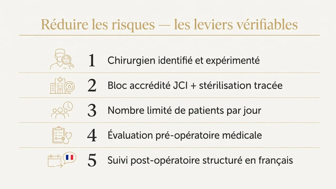 Checklist de prévention des risques de greffe de cheveux : chirurgien identifié, accréditation JCI, patients limités par jour, évaluation pré-opératoire, suivi structuré