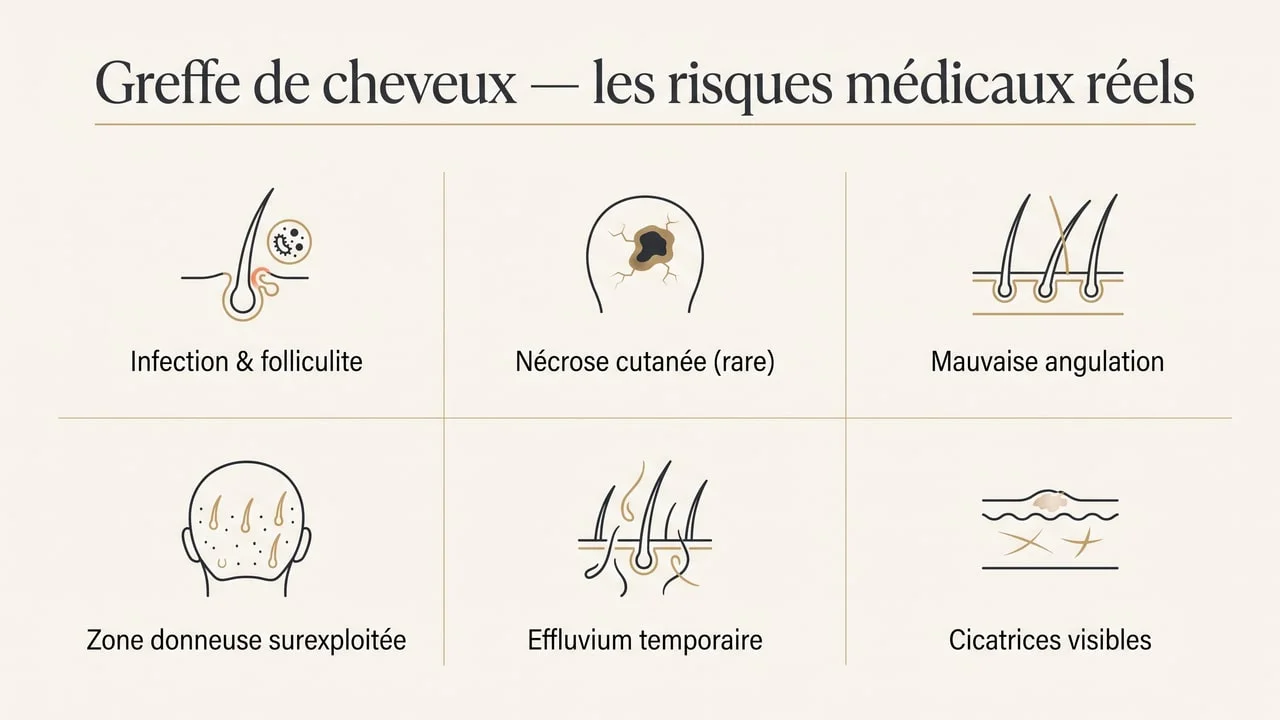 Panorama des risques médicaux d'une greffe de cheveux : infection, nécrose cutanée, mauvaise angulation, zone donneuse surexploitée, effluvium, cicatrices
