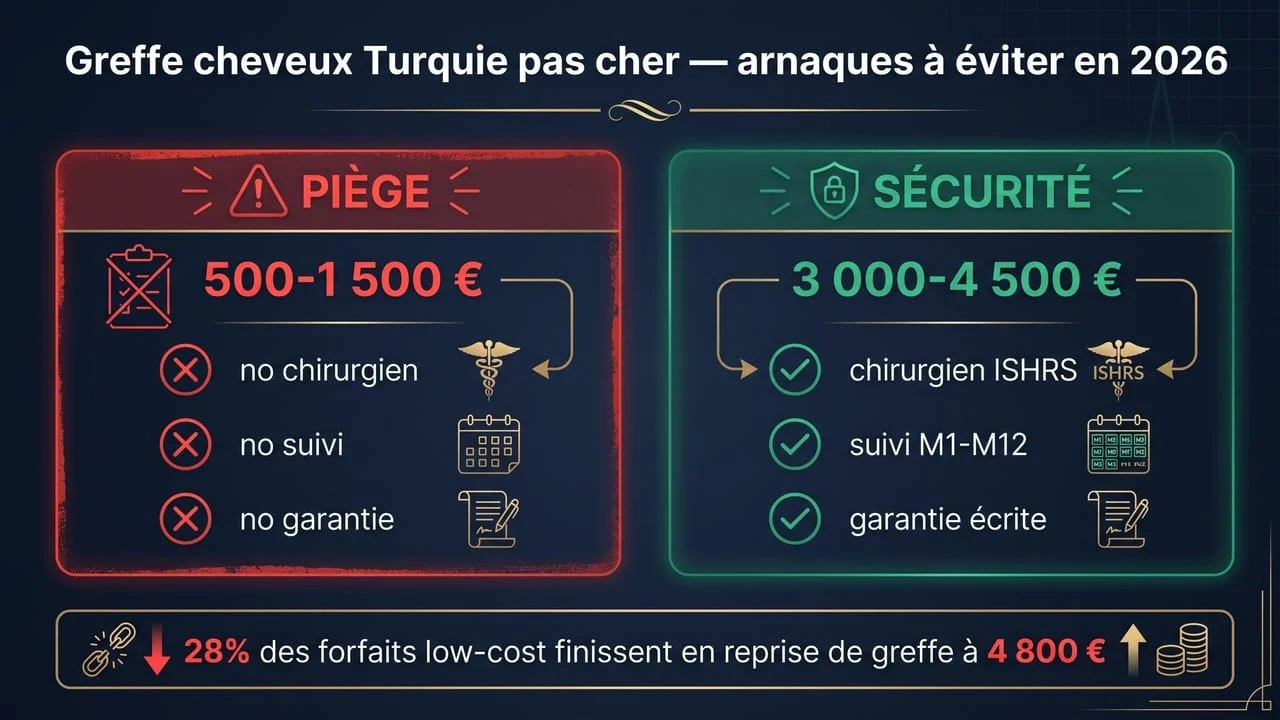 Comparaison piège low-cost 500-1500€ vs sécurité 3000-4500€ greffe cheveux Turquie 2026 — chirurgien ISHRS, suivi M1-M12, garantie écrite