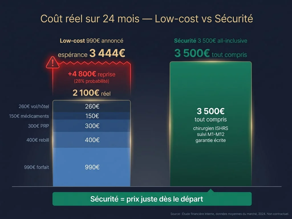 Comparaison coût réel forfait low-cost 990€ annoncé qui atteint 2100€ sur place vs forfait sécurité 3500€ all-inclusive dès le départ