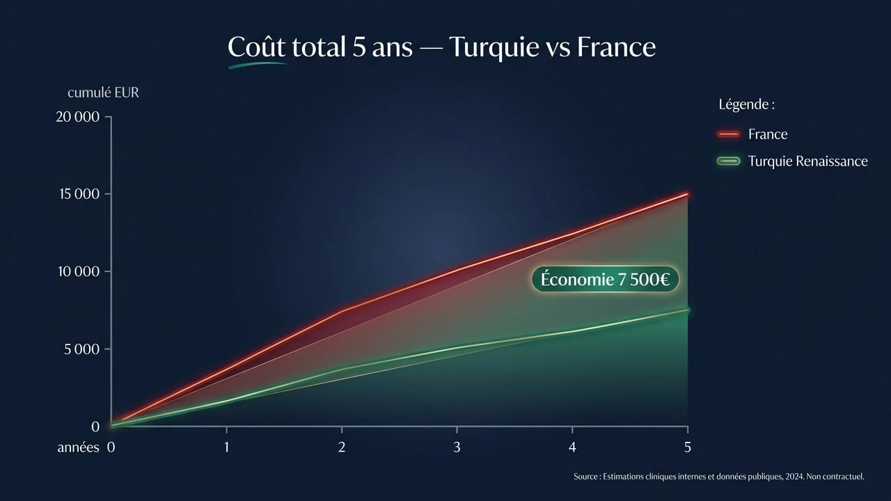 Graphique linéaire — coût total cumulé 5 ans d'une greffe de cheveux France 15 000 € contre Turquie Renaissance 7 500 €, économie de 7 500 € sur 5 ans