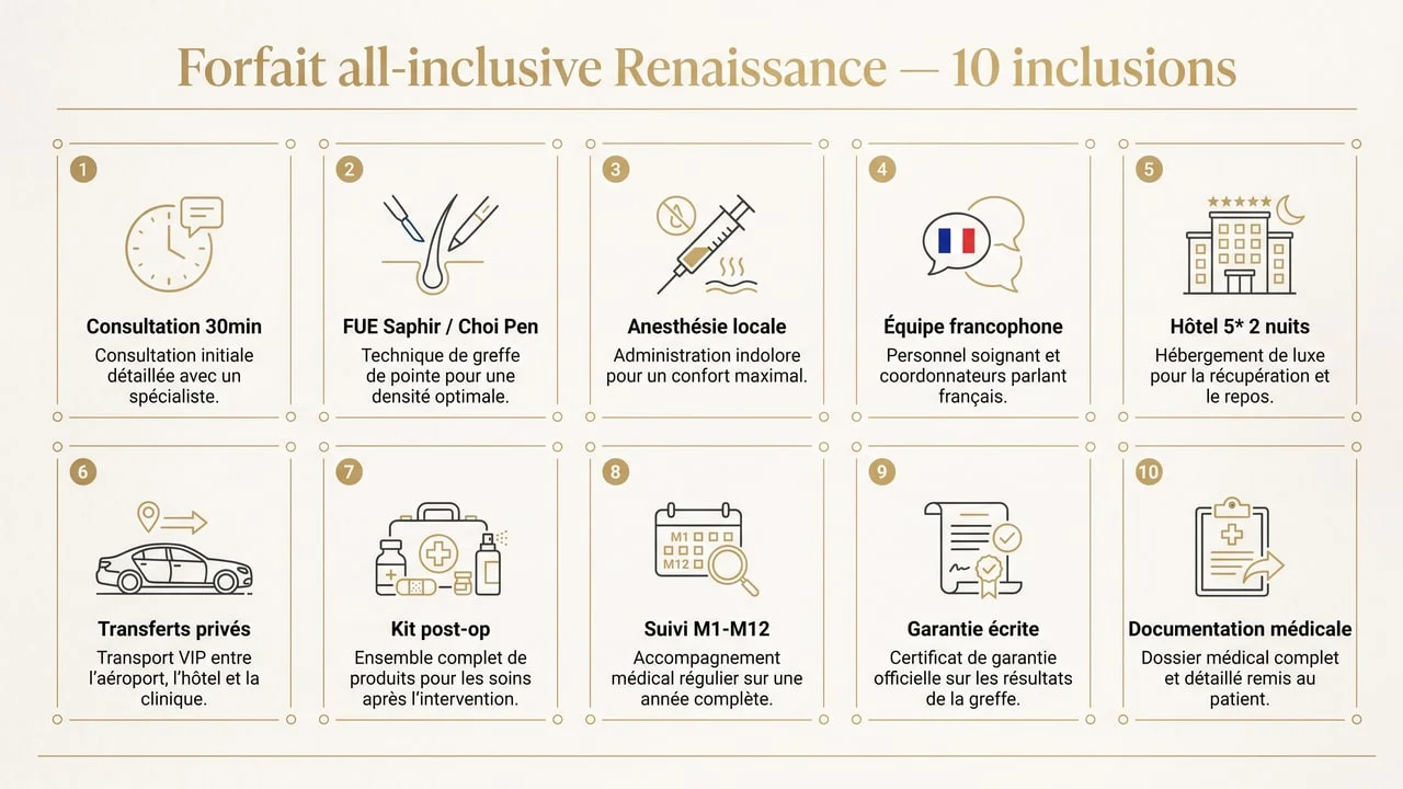 Forfait all-inclusive Renaissance Clinique avec 10 inclusions détaillées : consultation, intervention, hébergement 5 étoiles, transferts, suivi M1-M12, garantie écrite