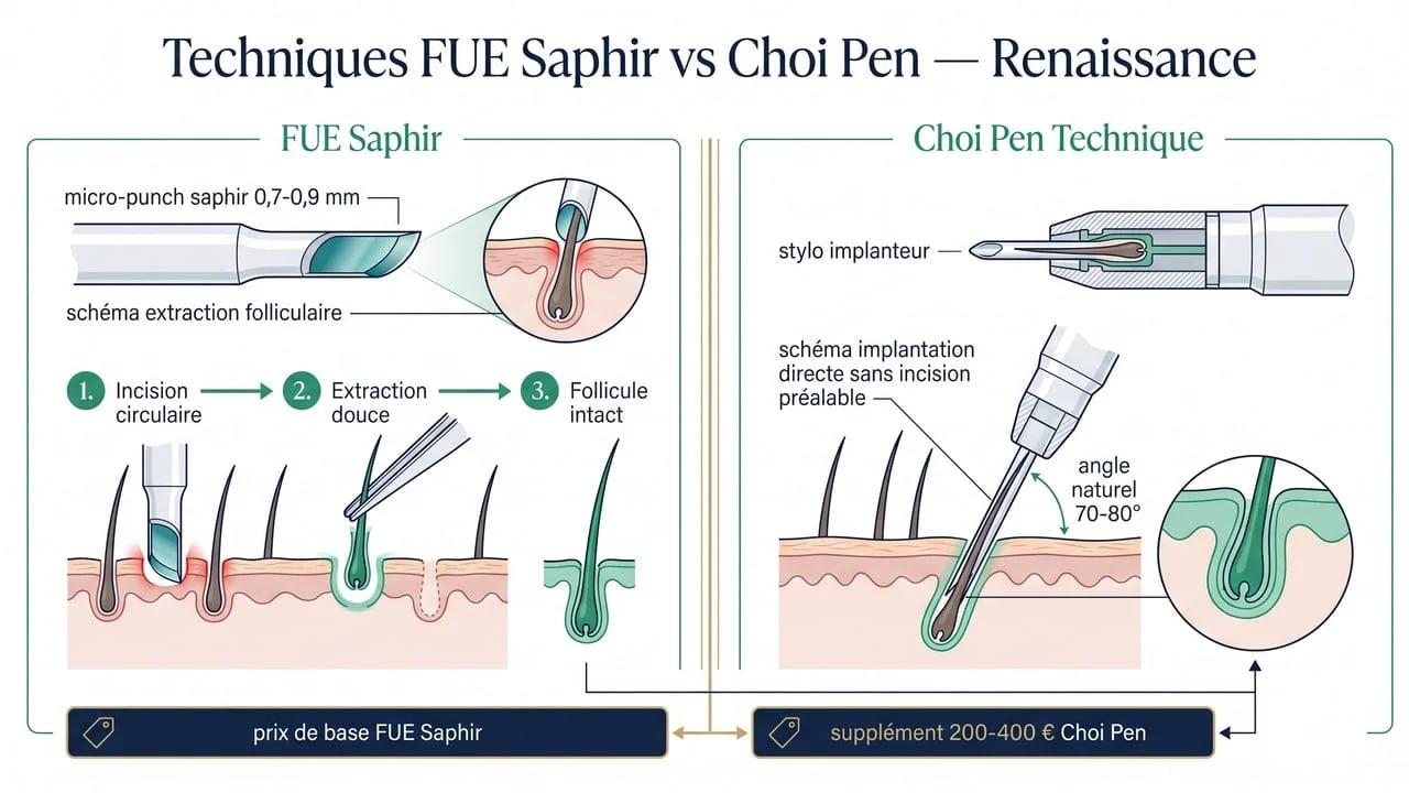Diagramme comparatif technique FUE Saphir versus Choi Pen Technique chez Renaissance Clinique — extraction au micro-punch saphir et implantation directe au stylo Choi