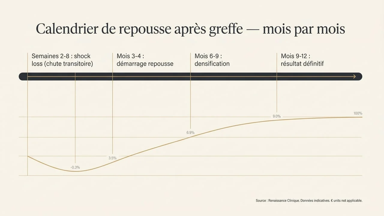 Graphique chronologique de la repousse après greffe de cheveux : shock loss semaines 2-8, démarrage mois 3-4, densification mois 6-9, résultat définitif à 9-12 mois