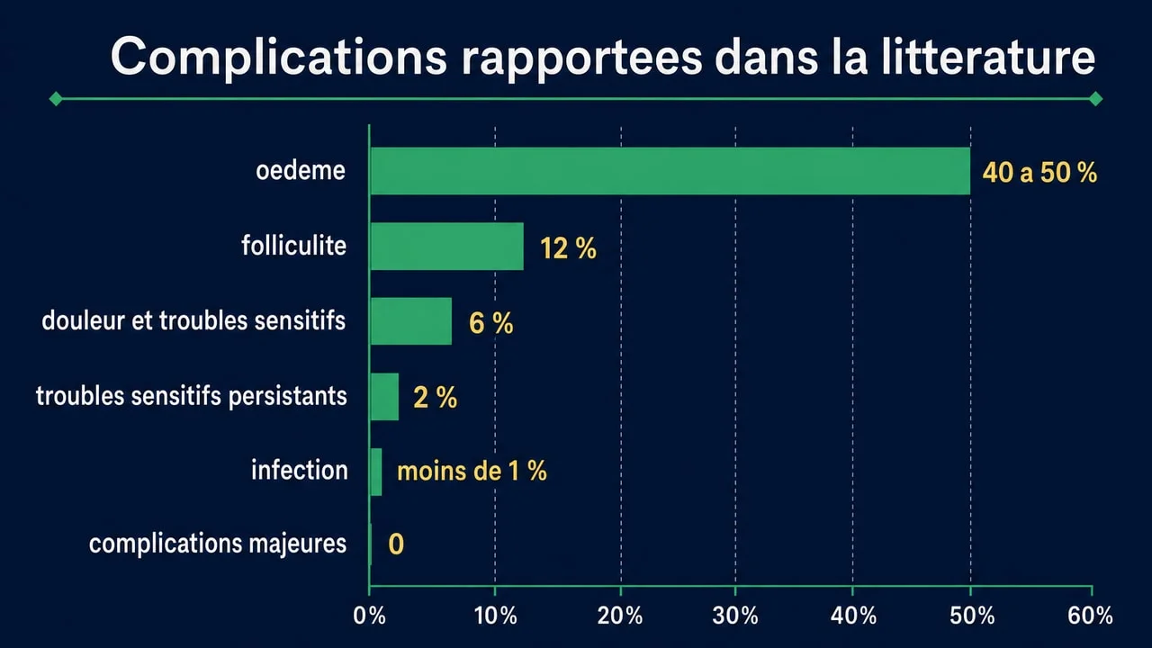 Graphique des fréquences de complications rapportées après greffe de cheveux : œdème, folliculite, troubles sensitifs, infection et complications majeures