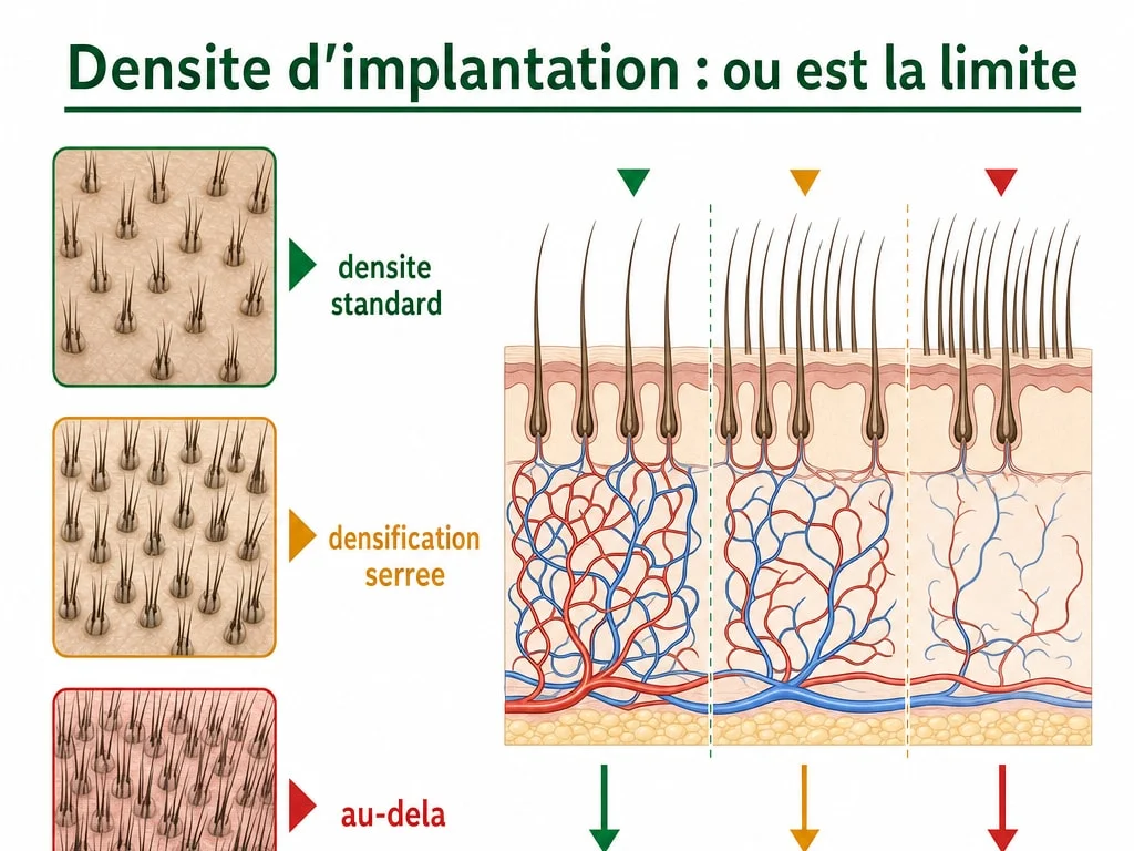 Schéma expliquant la limite vasculaire de la densité d'implantation en greffe de cheveux, au-delà de 30 à 35 greffons par cm² en une seule opération