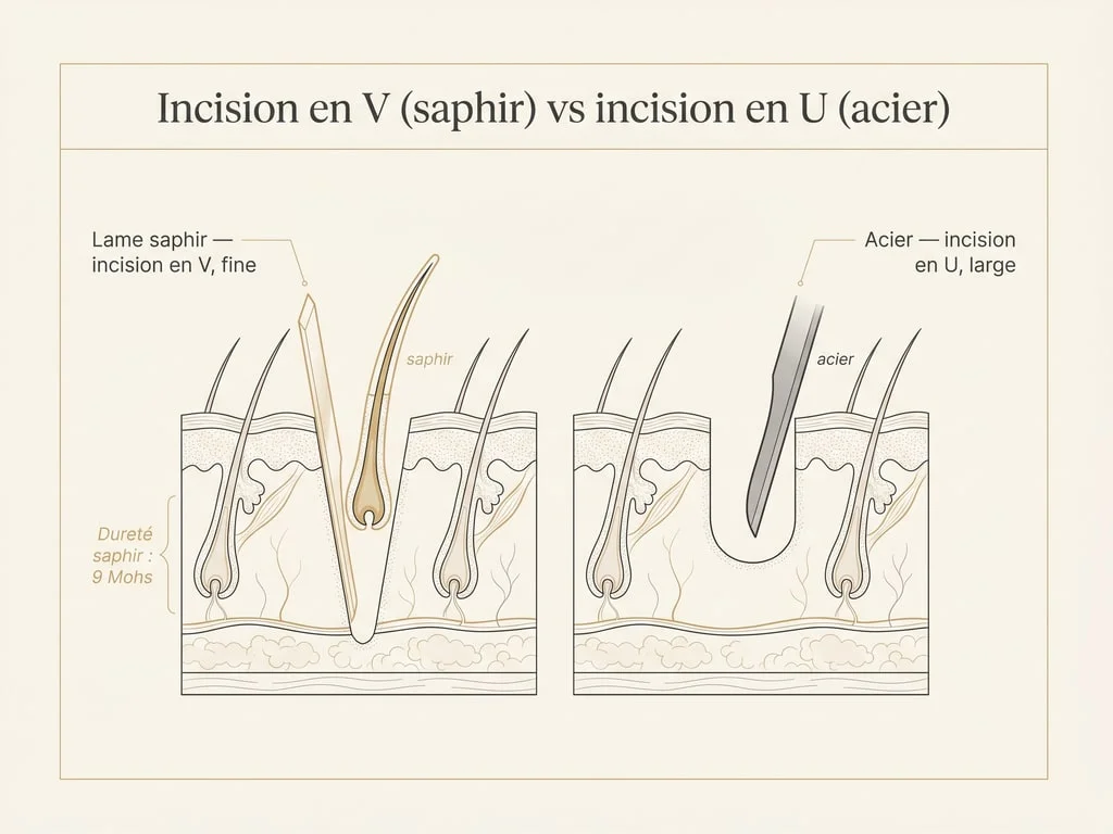Diagramme en coupe comparant l'incision en V fine de la lame de saphir et l'incision en U plus large de l'acier pour les canaux receveurs d'une greffe de cheveux