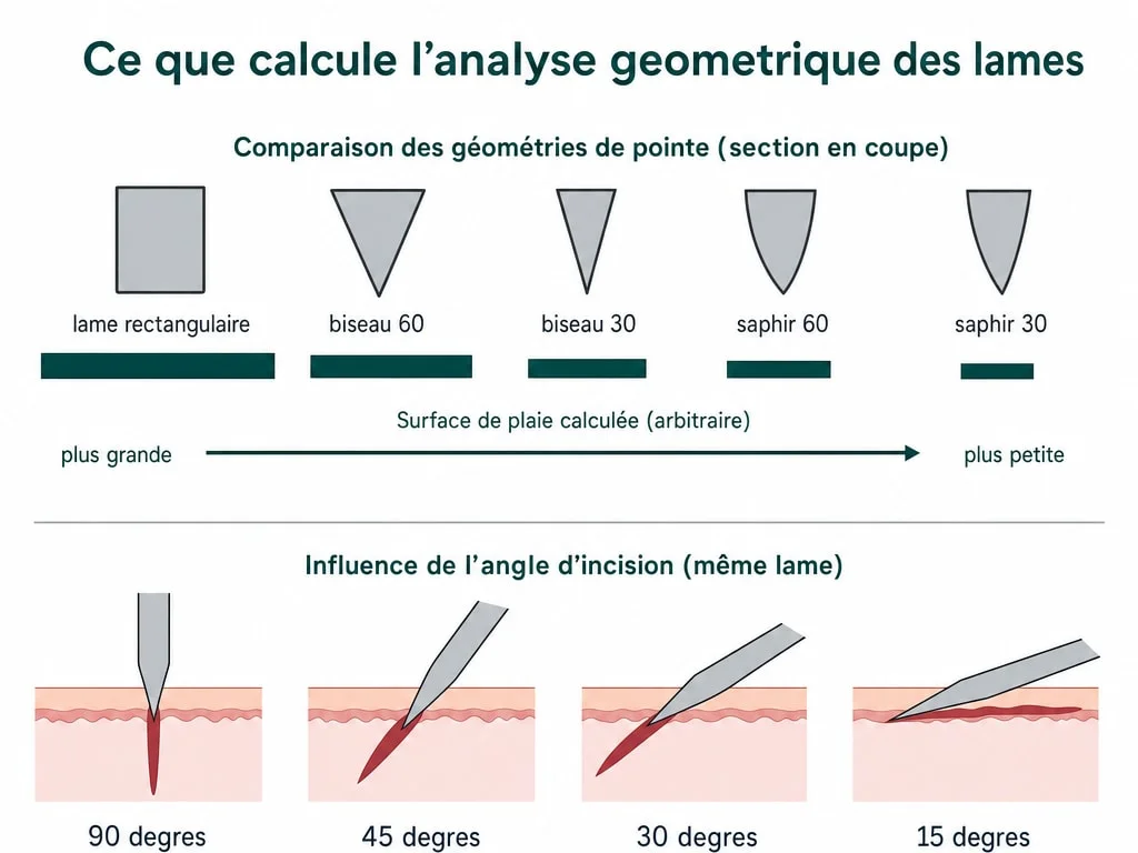 Diagramme comparant les cinq géométries de lame testées et l'effet de l'angle d'insertion sur le traumatisme tissulaire calculé lors de la création des sites receveurs