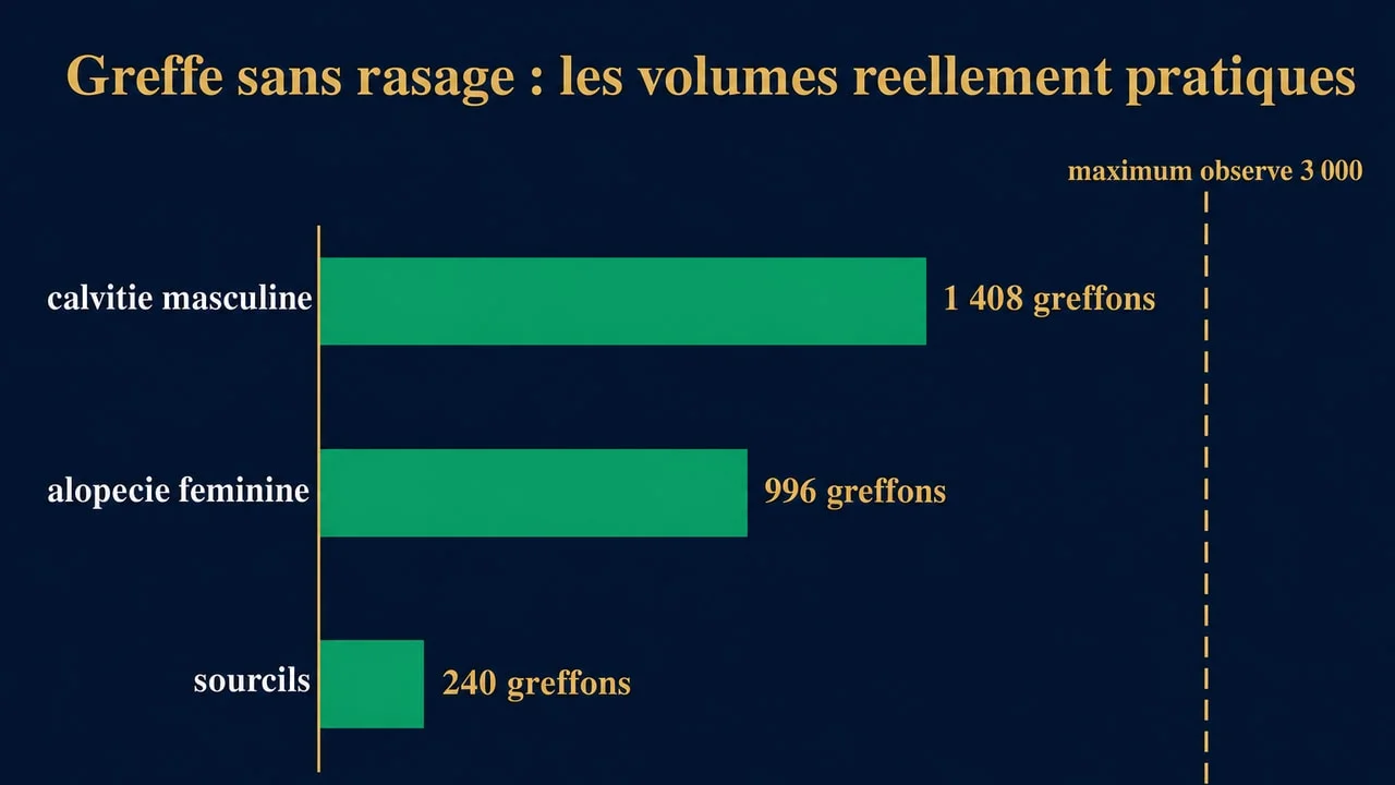 Graphique des volumes moyens de greffons en greffe sans rasage : 240 pour les sourcils, 996 en alopécie féminine, 1 408 en calvitie masculine, maximum observé 3 000