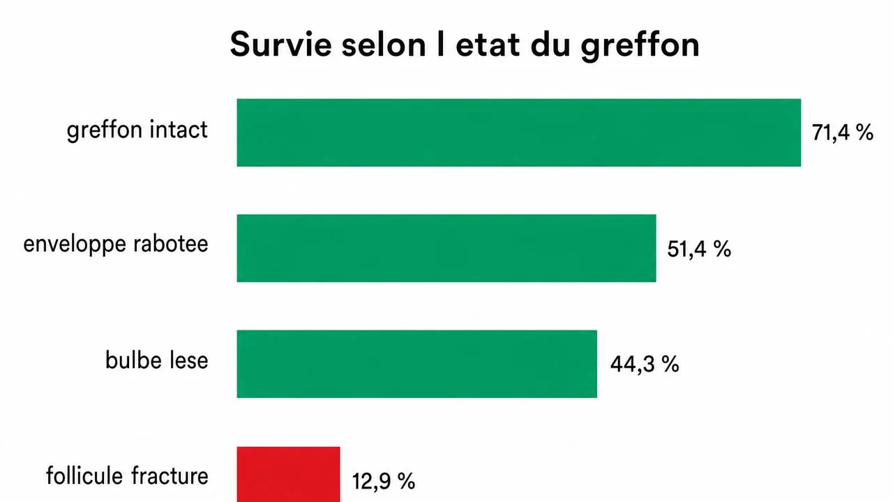 Graphique de la survie des greffons selon le type de lésion en modèle expérimental murin : 71,4 % pour un greffon intact contre 12,9 % pour un follicule fracturé