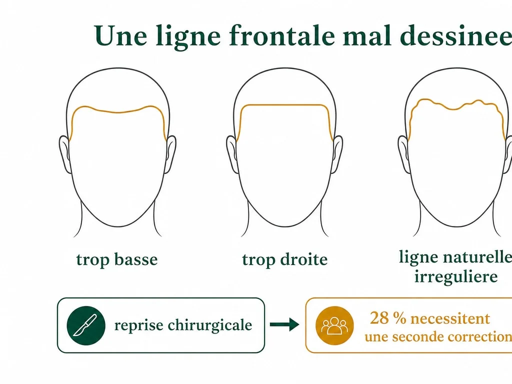 Schéma des défauts de dessin de ligne frontale — trop basse, trop droite — face à une ligne naturelle irrégulière, et taux de reprise chirurgicale nécessaire