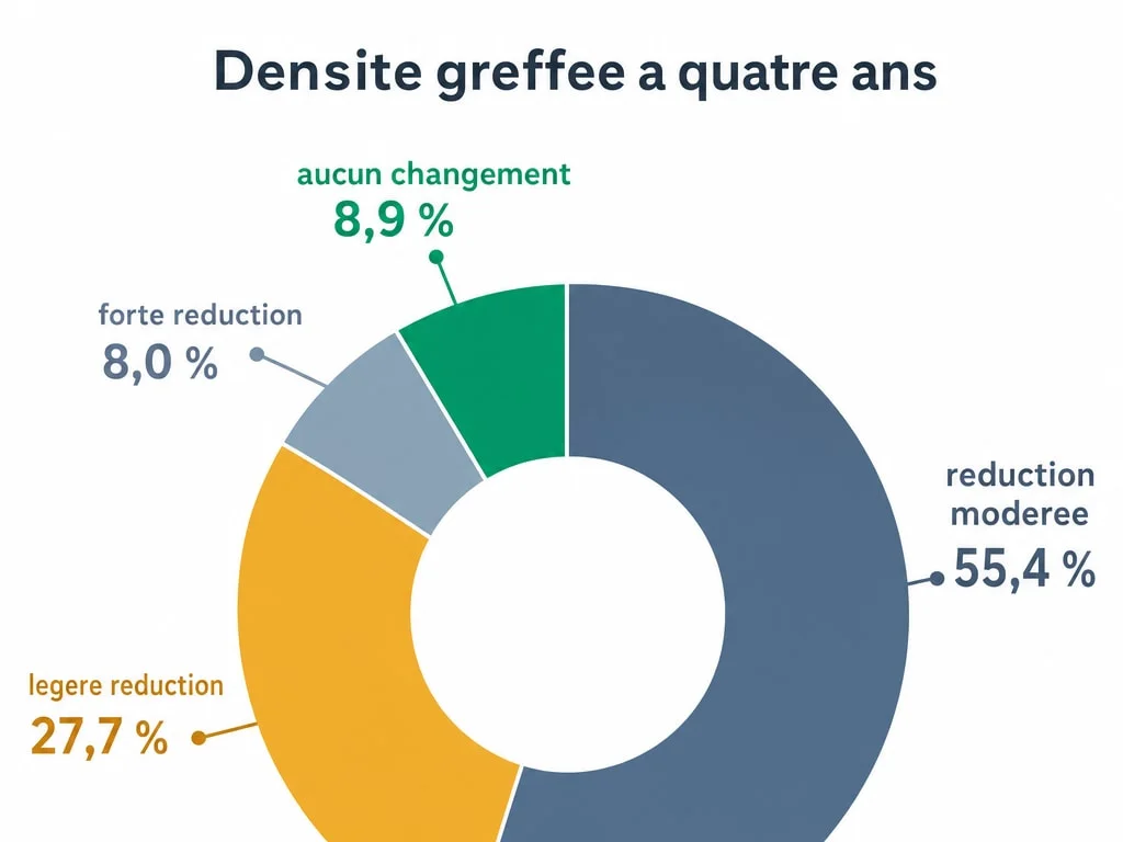 Répartition de l'évolution de la densité greffée à quatre ans chez 112 patients : réduction modérée 55,4 %, légère 27,7 %, forte 8,0 %, inchangée 8,9 %