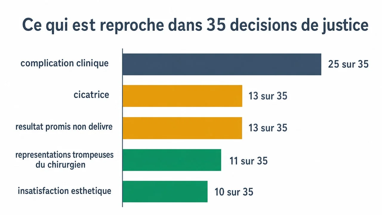 Graphique des motifs relevés dans 35 décisions de justice nord-américaines liées à la greffe de cheveux, dont 13 pour résultat promis non délivré