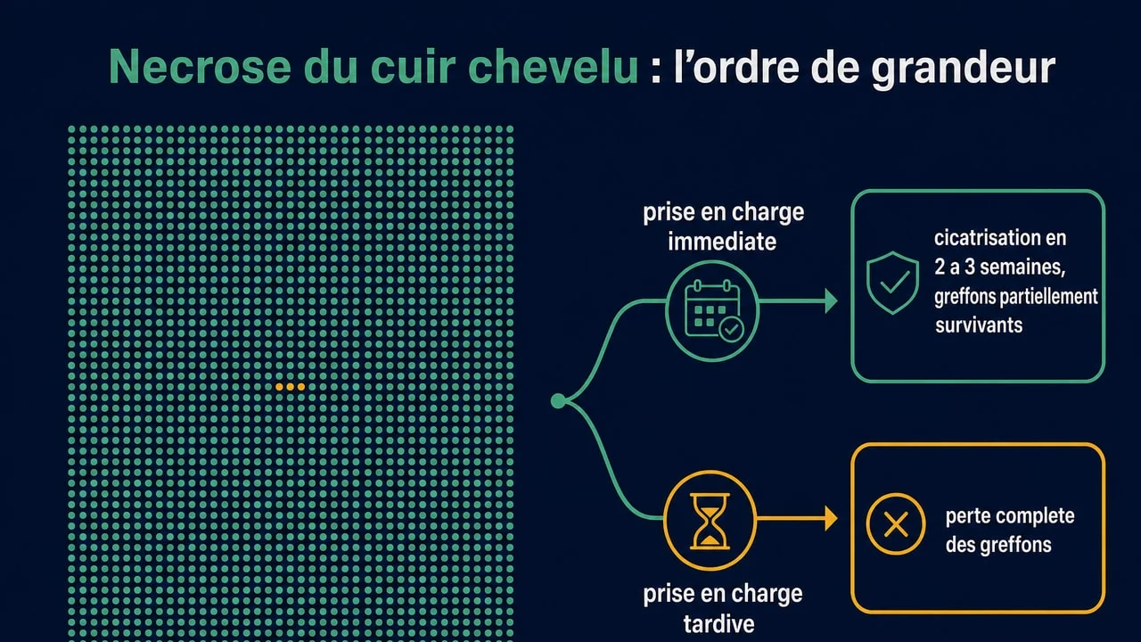 Infographie du risque de nécrose du cuir chevelu après greffe : trois cas sur plus de dix mille patients, et l'écart de pronostic selon la rapidité de prise en charge