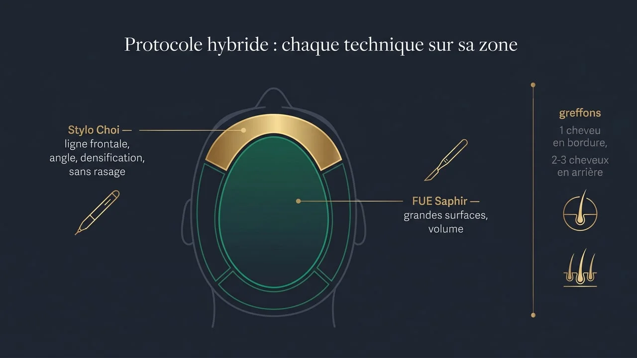 Infographie du protocole hybride Renaissance : stylo Choi pour la ligne frontale et la densification, FUE Saphir pour les grandes surfaces, avec répartition des greffons par zone