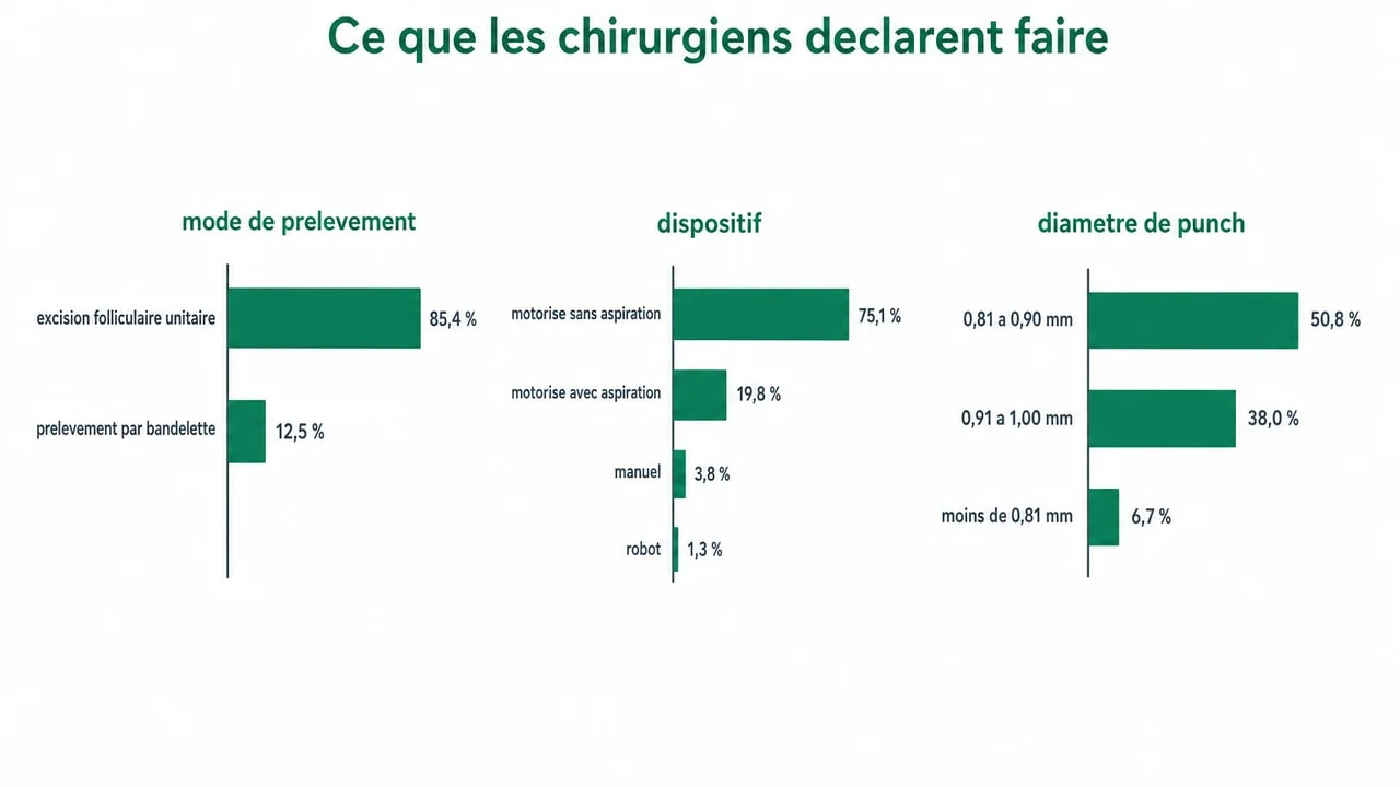 Infographie des pratiques déclarées par les chirurgiens : mode de prélèvement, type de dispositif motorisé et diamètre de punch habituel d'après le recensement 2025