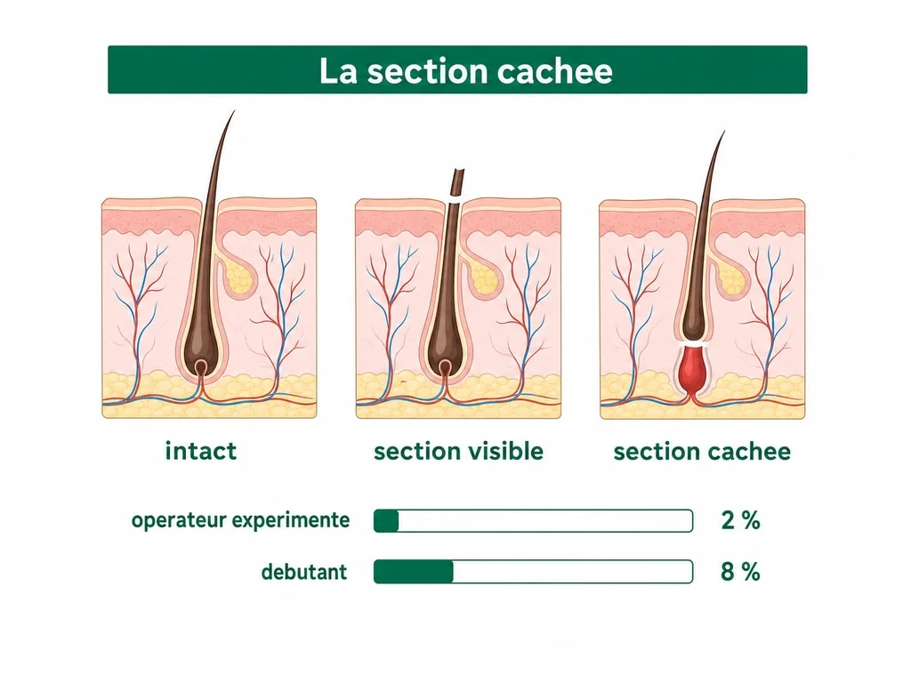 Schéma de la section cachée du follicule sous la surface du cuir chevelu, invisible au comptage habituel : 2 % chez l'opérateur expérimenté contre 8 % chez le débutant