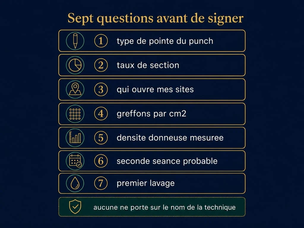 Liste des sept questions à poser avant de signer un devis de greffe de cheveux : punch, taux de section, opérateur, densité, zone donneuse, seconde séance et premier lavage
