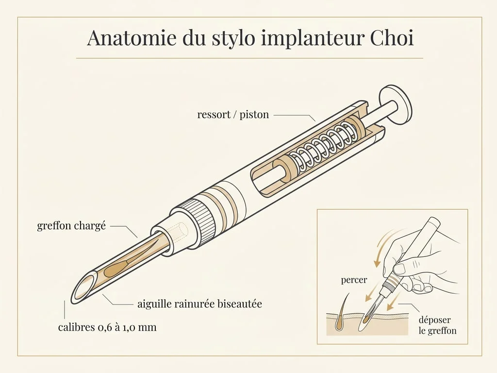 Schéma anatomique du stylo implanteur Choi : aiguille rainurée biseautée, calibres 0,6 à 1,0 mm, ressort et greffon chargé pour l'implantation directe en un seul geste