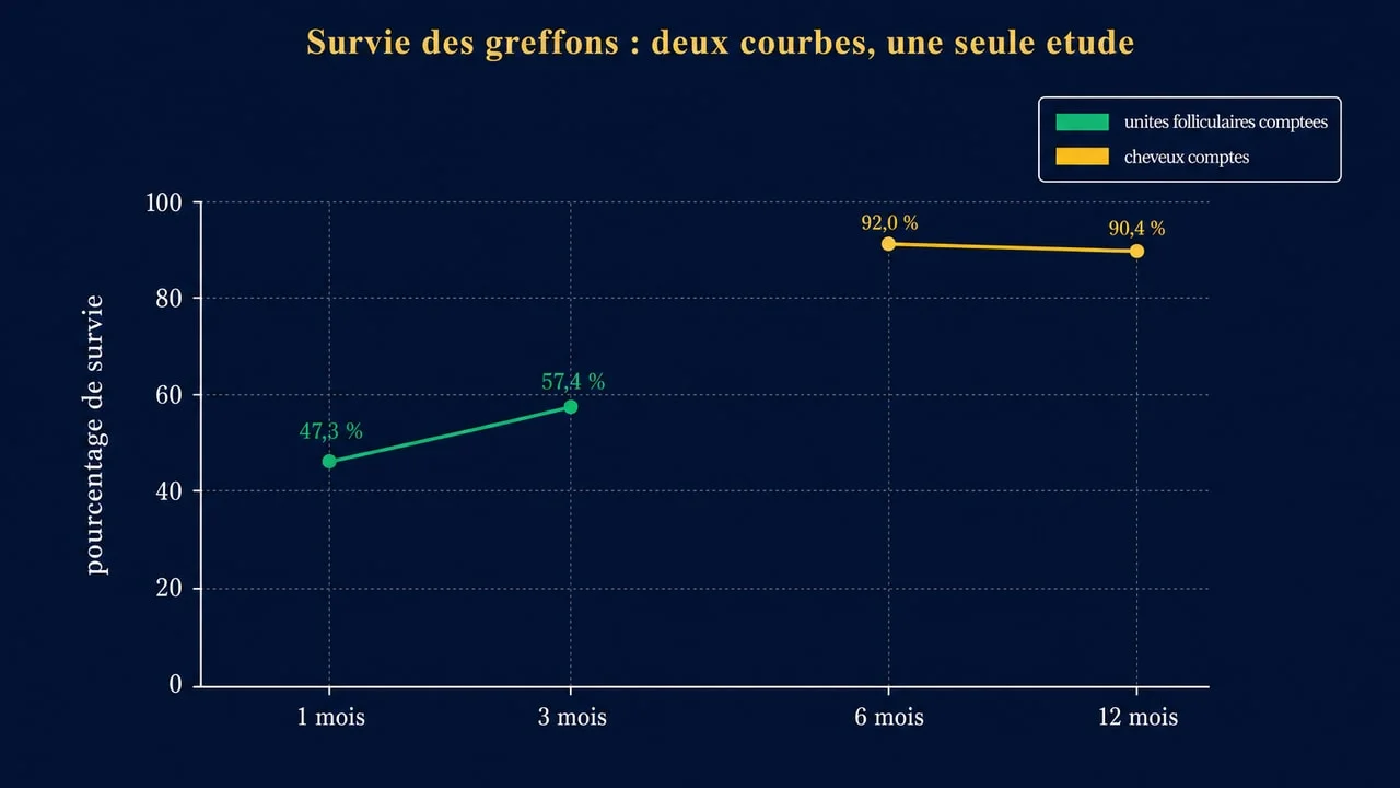 Graphique montrant que la même étude de 2001 donne 47,3 % de survie en unités folliculaires à 1 mois et 92 % en nombre de cheveux à 6 mois selon ce qui est compté