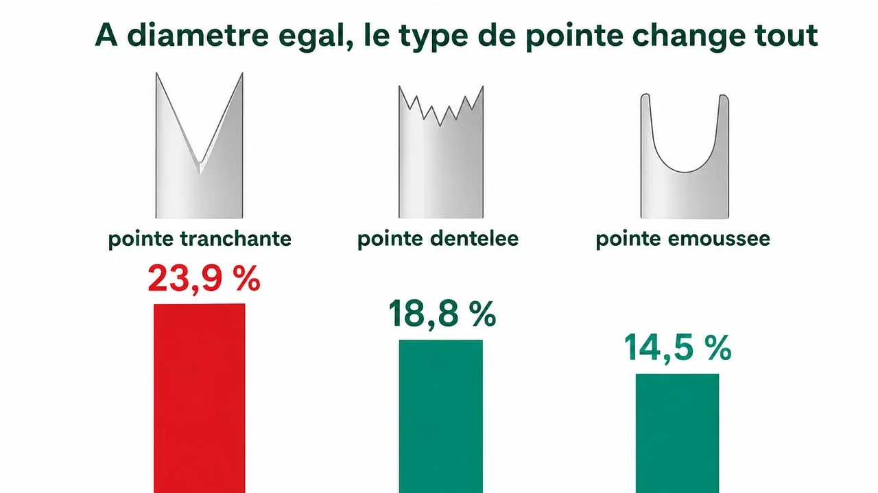 Graphique du taux de section folliculaire à diamètre identique de 0,9 mm selon le type de pointe : 23,9 % tranchante, 18,8 % dentelée, 14,5 % émoussée