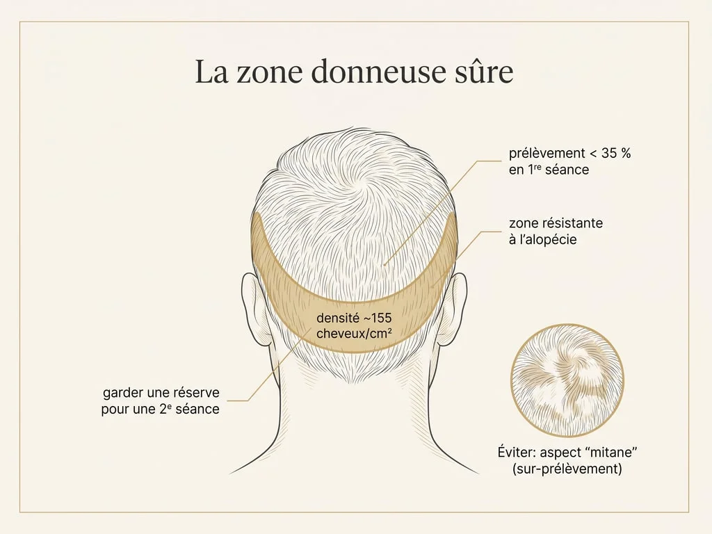 Schéma de la zone donneuse sûre occipitale en greffe de cheveux : densité d'environ 155 cheveux/cm² et prélèvement limité à moins de 35 % en première séance