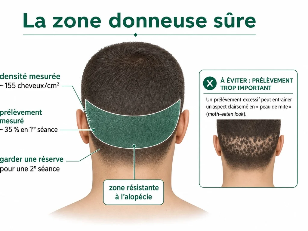 Schéma de la zone donneuse sûre occipitale en greffe de cheveux : densité mesurée d'environ 155 cheveux/cm² et prélèvement mesuré d'environ 35 % en première séance