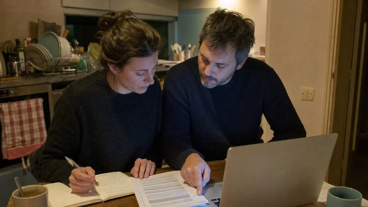 Un couple calcule le budget total d’un projet de greffe de cheveux, avec devis, calculatrice, carnet et passeports sur la table