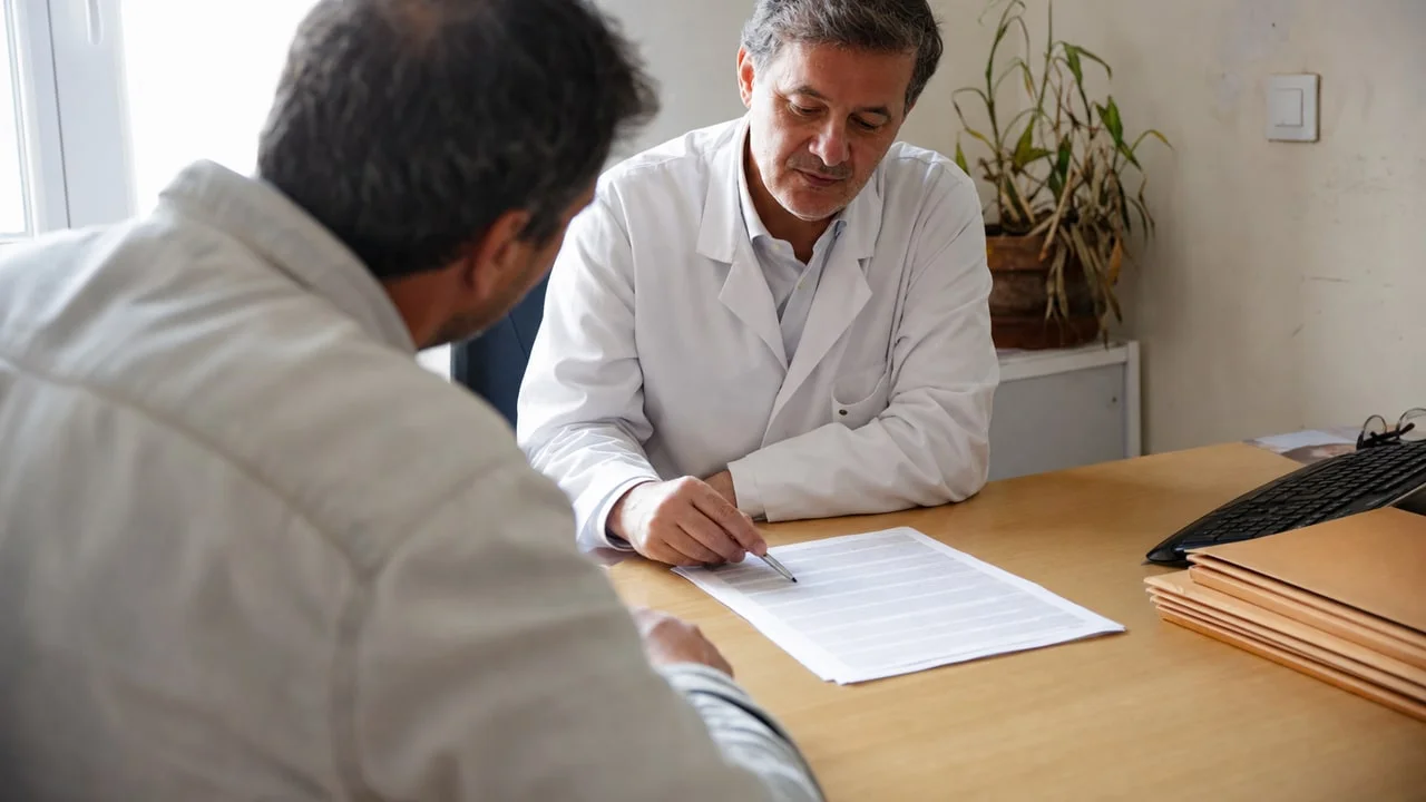 Un médecin pointe une ligne d’un devis détaillé de greffe de cheveux lors d’une consultation avec un patient