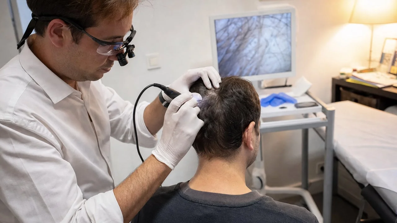 Médecin examinant au trichoscope la zone donneuse d’un patient lors d’un contrôle à douze mois