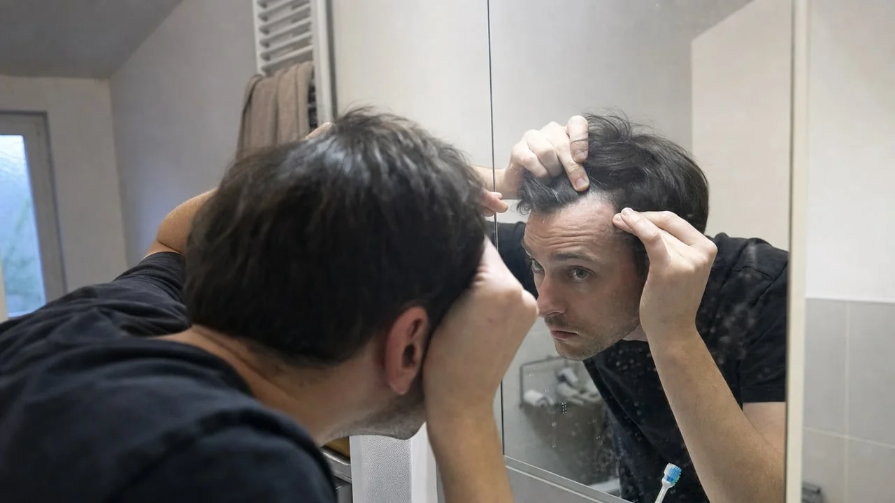Un homme d’environ 28 ans écarte ses cheveux devant un miroir pour observer sa ligne frontale qui recule