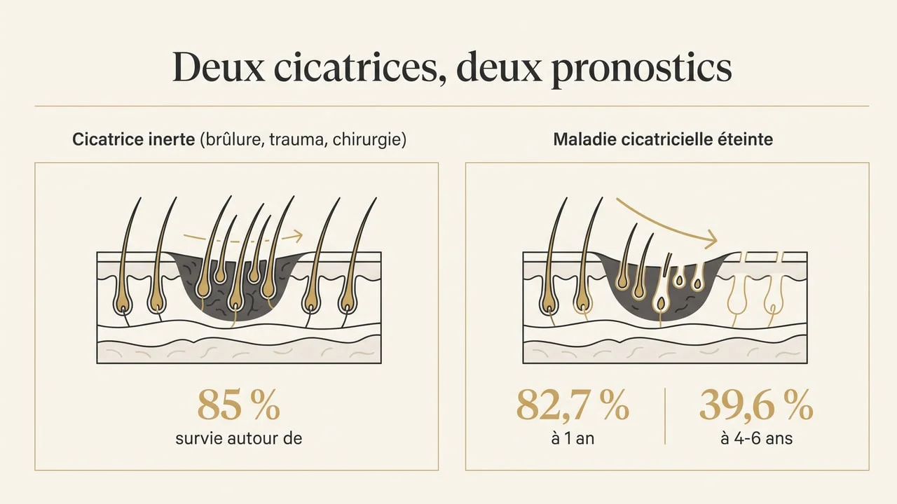 Infographie comparant le devenir des greffons sur une cicatrice inerte et sur une alopécie cicatricielle primaire