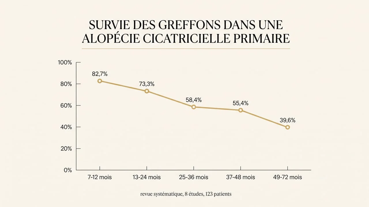 Courbe montrant la décroissance de la survie des greffons dans l'alopécie cicatricielle primaire, de 82,7 % à un an à 39,6 % à quatre-six ans