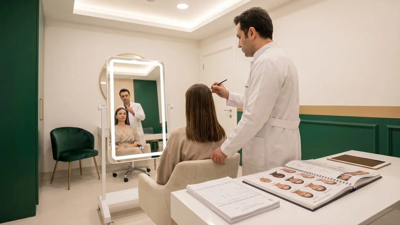 Design pré-opératoire greffe de sourcils femme Renaissance Clinique — tracé personnalisé sous miroir, validation patient