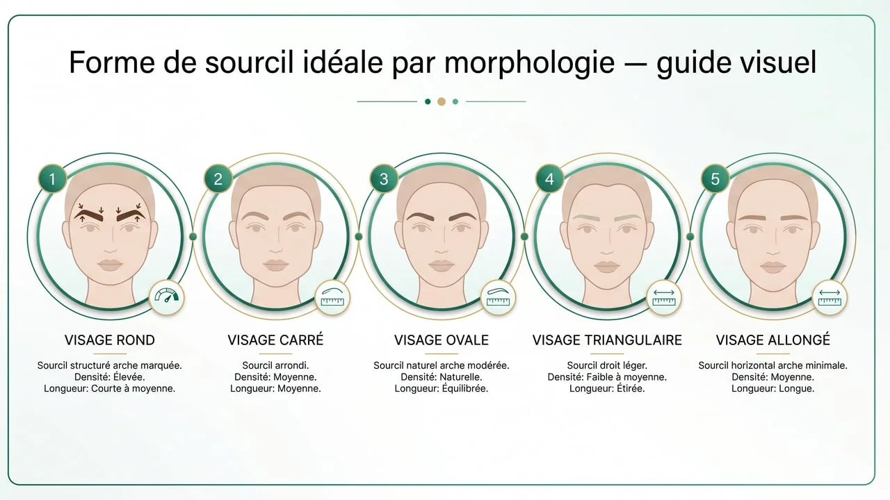 Morphologies de visage femme et formes sourcils idéales — rond/carré/ovale/triangulaire/allongé, design adapté