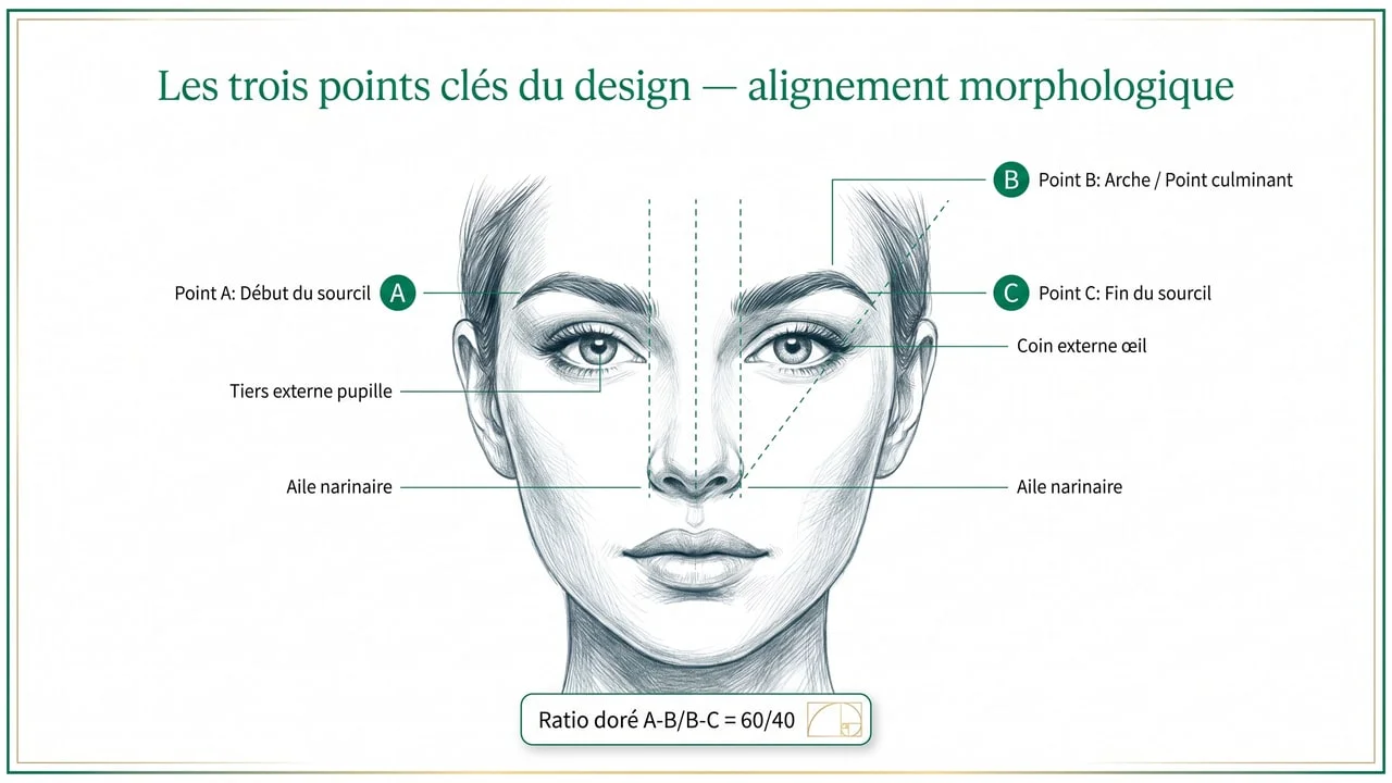 Trois points clés du design sourcil femme — début (aile narinaire), arche (tiers externe pupille), fin (ligne aile-œil)