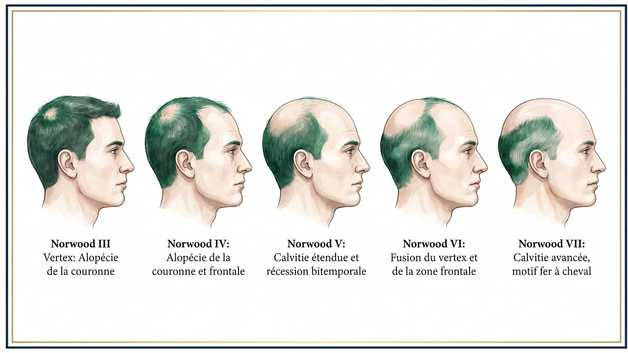 Classification de Hamilton-Norwood stades III à VII illustrant l'évolution de l'alopécie vertex