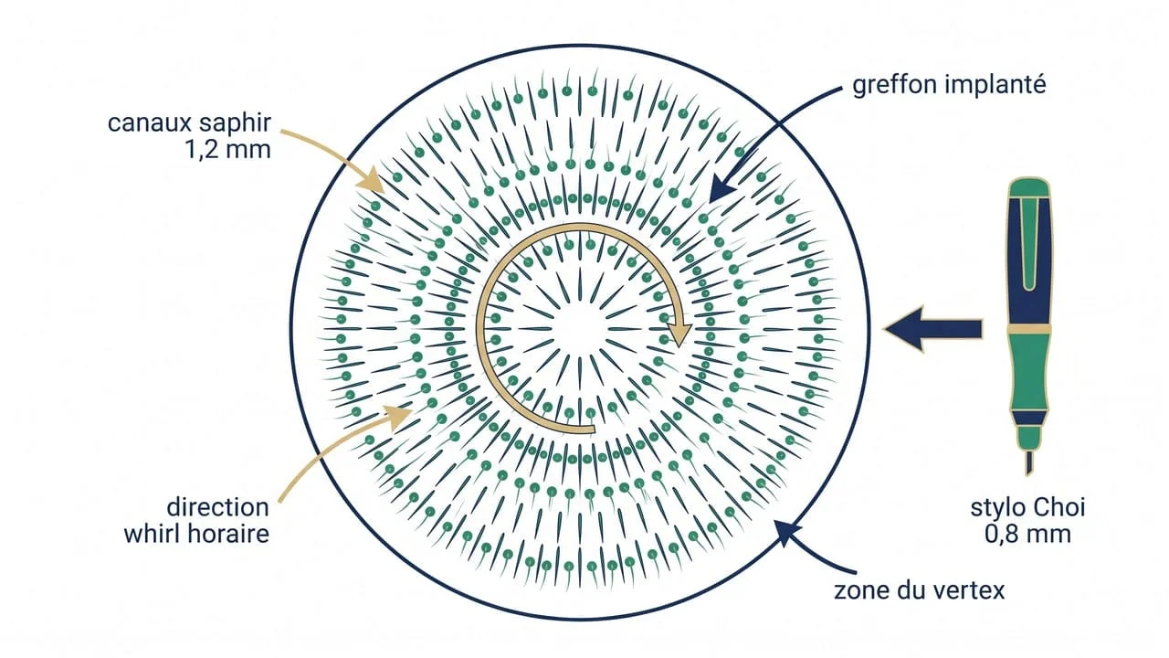 Schéma anatomique : combinaison technique FUE Saphir et Choi Pen sur zone vertex avec direction whirl