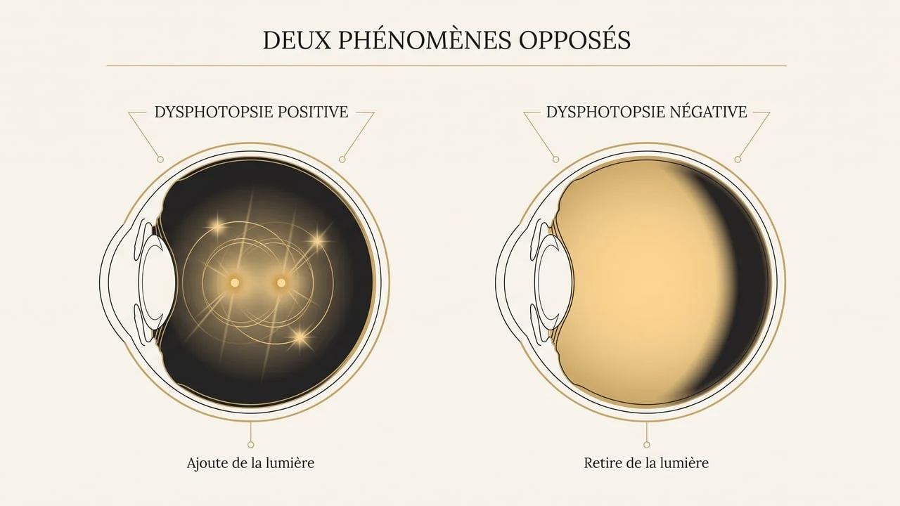 Schéma comparant une dysphotopsie positive, avec halos et traînées lumineuses, à une dysphotopsie négative, avec une ombre en croissant dans le champ temporal