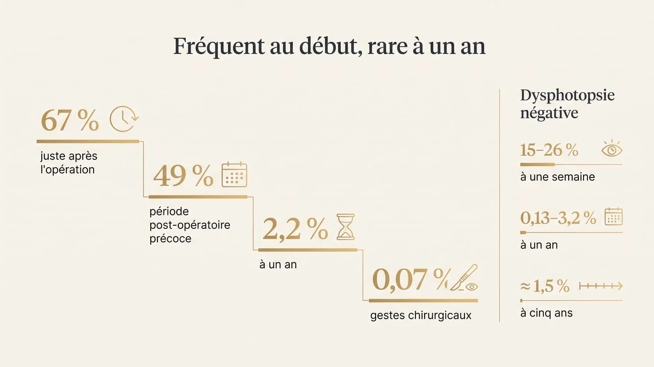 Infographie montrant l'évolution de la fréquence des dysphotopsies positives et négatives après la pose d'un implant intraoculaire, de la période post-opératoire immédiate jusqu'à cinq ans