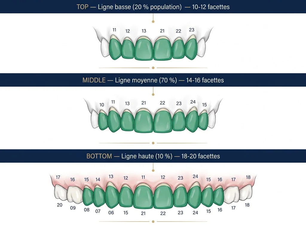 Schéma de répartition des facettes selon les trois lignes de sourire (basse, moyenne, haute)