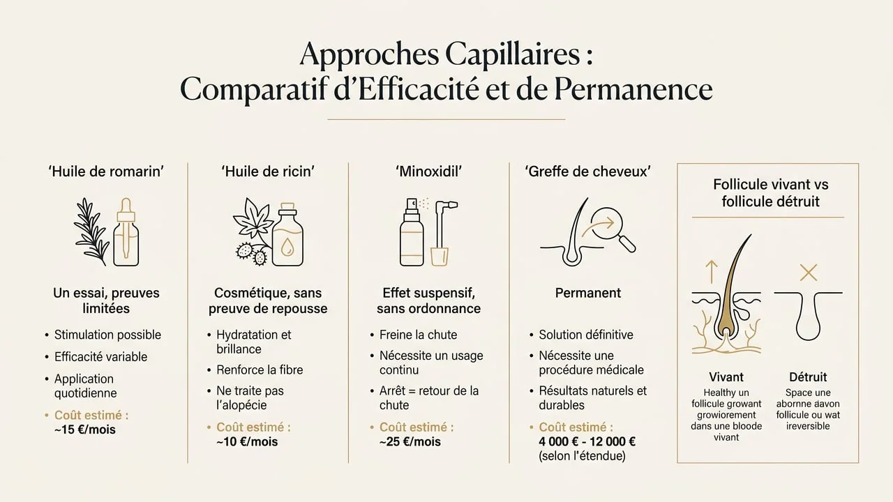 Infographie comparant huile de romarin, huile de ricin, minoxidil et greffe selon le niveau de preuve et la durabilité.