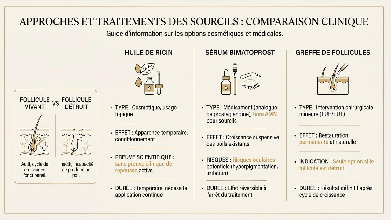 Infographie comparant huile de ricin, sérum au bimatoprost et greffe de sourcils selon l'état du follicule et la durabilité de l'effet.