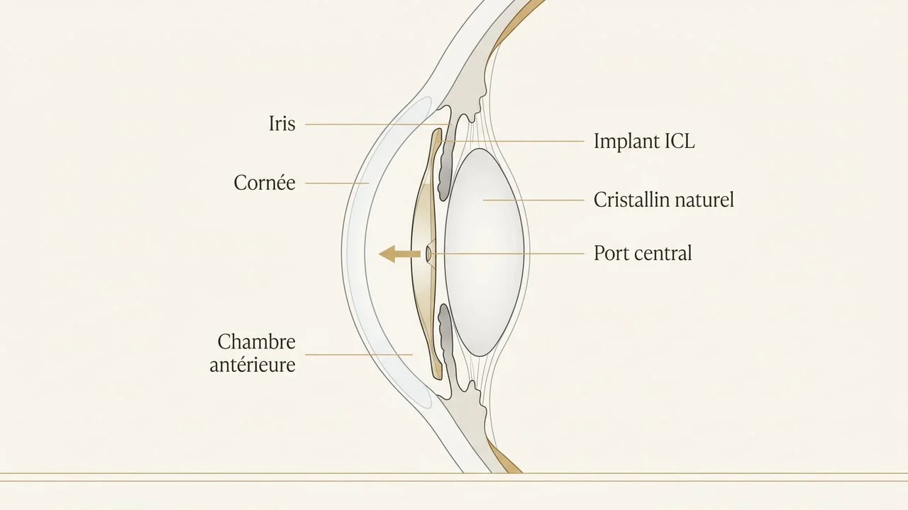 Schéma anatomique en coupe montrant l'implant ICL placé derrière l'iris, devant le cristallin naturel, sans toucher la cornée